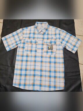 Realtree Men Short Sleeve Fishing Guide Shirt Creekside Plaid Malibu Blue Small